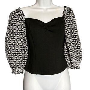 Badgley Mischka Women's Off Shoulder Top Balloon Sleeve Black Cream Small NWT